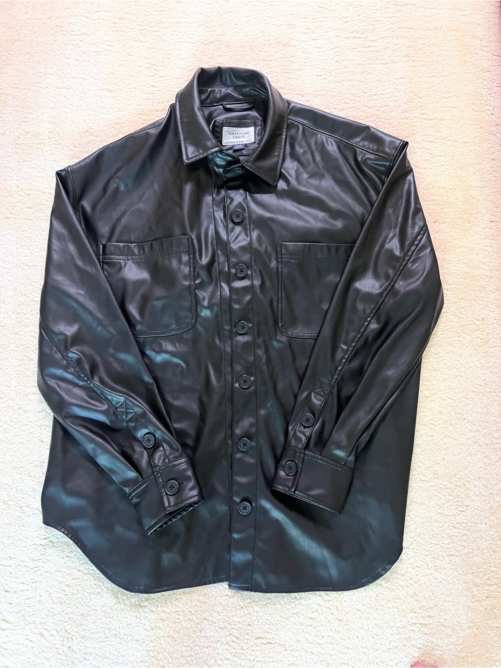 American Eagle Outfitters Black Faux Leather Button-Down Shirt